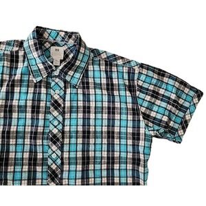 PJ Mark Men's 2XL 100% Cotton Teal, Blue& White Plaid Button Short Sleeve Shirt
